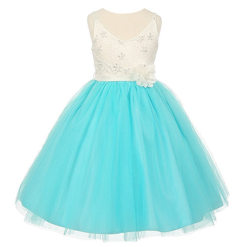Rain Kids Big Girls Aqua Ivory Beaded Lace V-neck Special Occasion Dress 8-12 - SophiasStyle.com